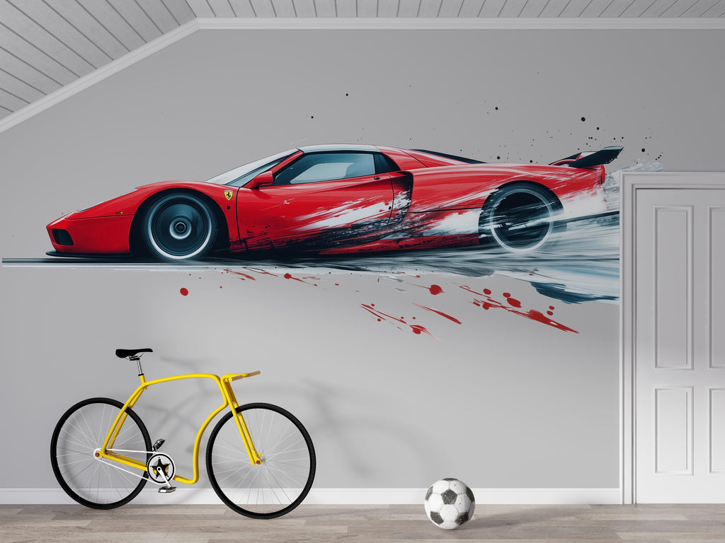 Red Racing Car Wall Decal For Boys Room | Sports Car Wall Sticker | Kids Bedroom Car Wall Art | Playroom Racing Decor | Peel And Stick Decal