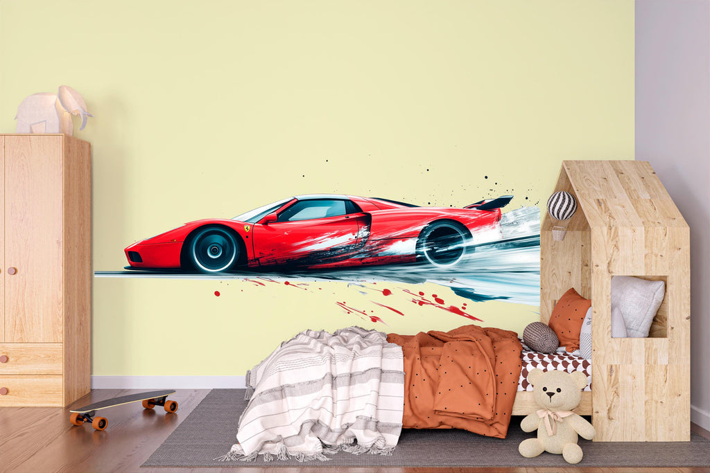 Red Racing Car Wall Decal For Boys Room | Sports Car Wall Sticker | Kids Bedroom Car Wall Art | Playroom Racing Decor | Peel And Stick Decal