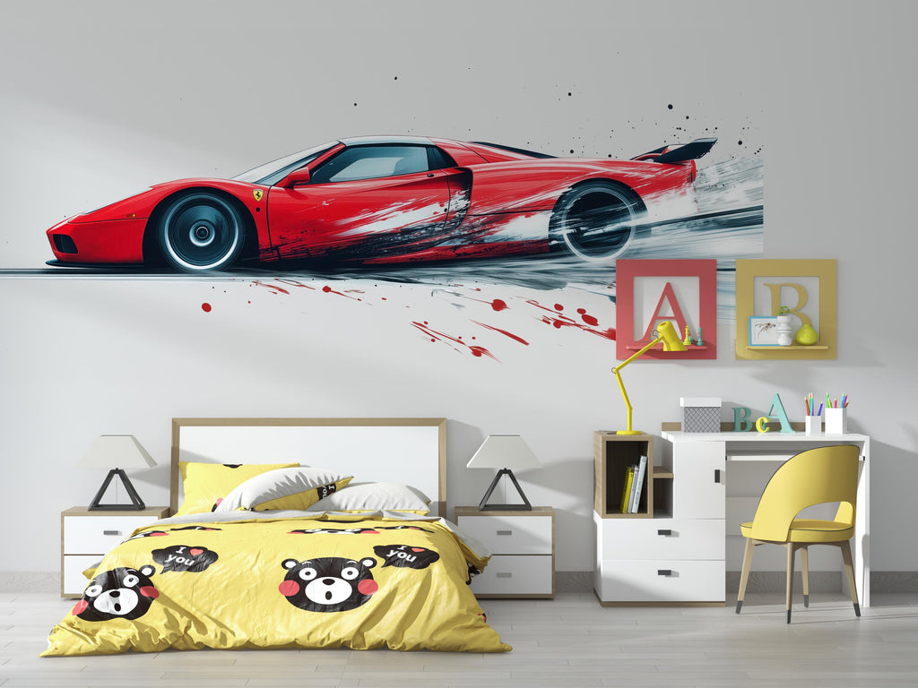 Red Racing Car Wall Decal For Boys Room | Sports Car Wall Sticker | Kids Bedroom Car Wall Art | Playroom Racing Decor | Peel And Stick Decal