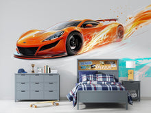 Load image into Gallery viewer, Orange Racing Car Wall Decal For Boys Room | Sports Car Wall Sticker | Kids Bedroom Racing Wall Art | Playroom Car Decor