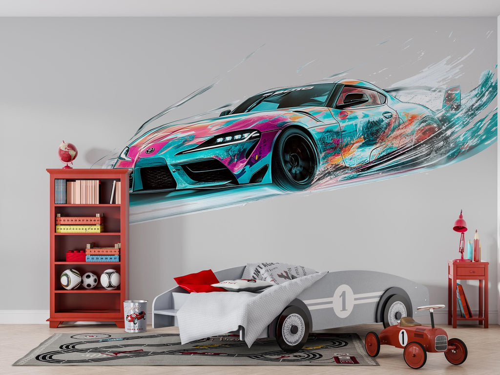 Abstract Racing Car Wall Decal For Boys Room | Modern Sports Car Wall Sticker | Kids Bedroom Car Wall Art | Playroom Racing Decor