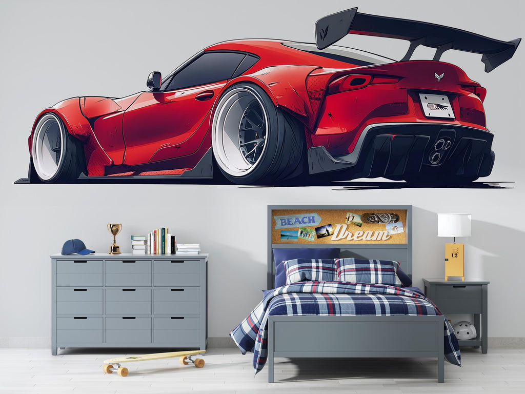 Red Sports Car Wall Decal For Boys Room | Modern Racing Car Wall Sticker | Kids Bedroom Car Wall Art | Playroom Car Decor | Peel And Stick