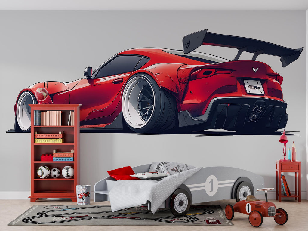 Red Sports Car Wall Decal For Boys Room | Modern Racing Car Wall Sticker | Kids Bedroom Car Wall Art | Playroom Car Decor | Peel And Stick