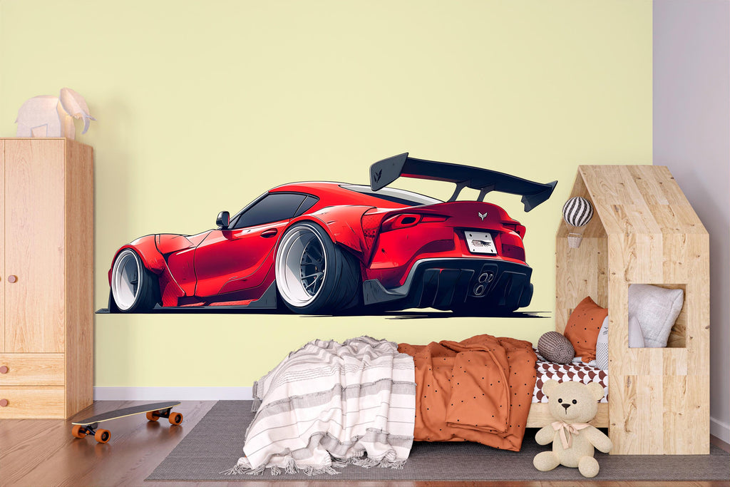 Red Sports Car Wall Decal For Boys Room | Modern Racing Car Wall Sticker | Kids Bedroom Car Wall Art | Playroom Car Decor | Peel And Stick