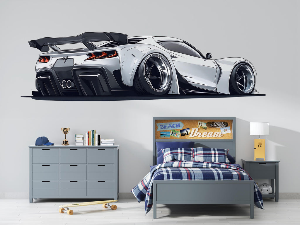 White Sports Car Wall Decal For Boys Room | Modern Racing Car Wall Sticker | Kids Bedroom Car Wall Art | Playroom Decor | Peel And Stick