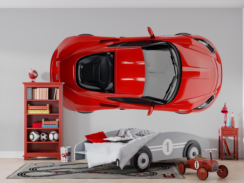 Red Sports Car Wall Decal Top View | Racing Car Wall Sticker For Boys Room | Kids Bedroom Car Wall Art | Playroom Decor | Peel And Stick