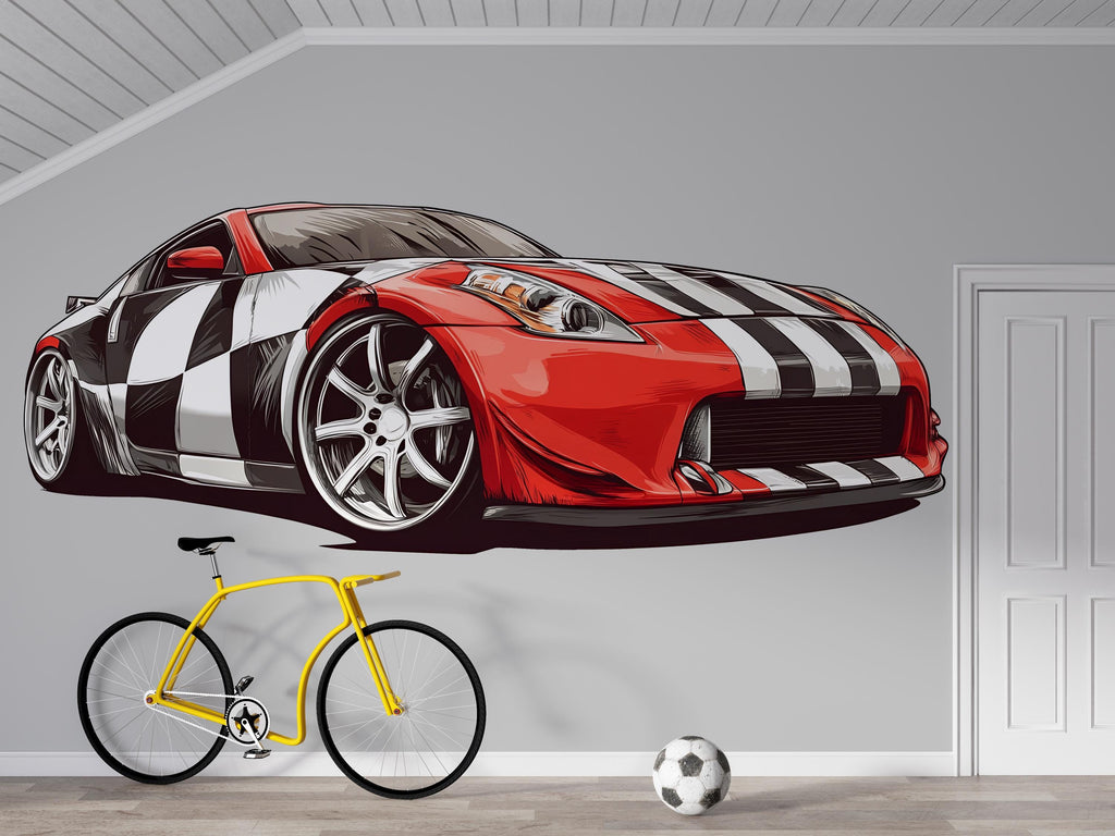 Red Racing Car Wall Decal | Sports Car Wall Sticker For Boys Room | Race Car Bedroom Decor | Kids Room Wall Art | Peel And Stick