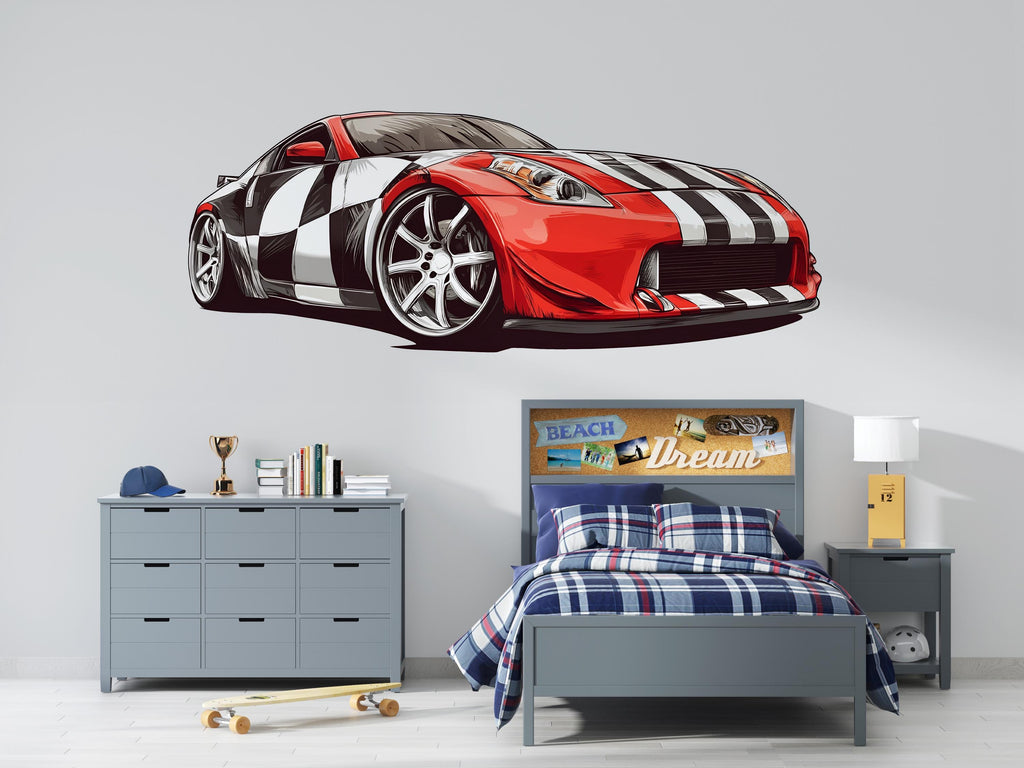 Red Racing Car Wall Decal | Sports Car Wall Sticker For Boys Room | Race Car Bedroom Decor | Kids Room Wall Art | Peel And Stick