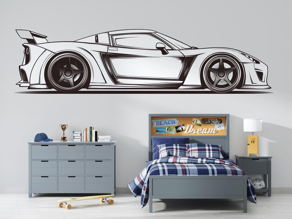 Minimalist Racing Car Wall Decal | Black And White Sports Car Wall Sticker | Boys Room Decor | Car Outline Wall Art | Peel And Stick