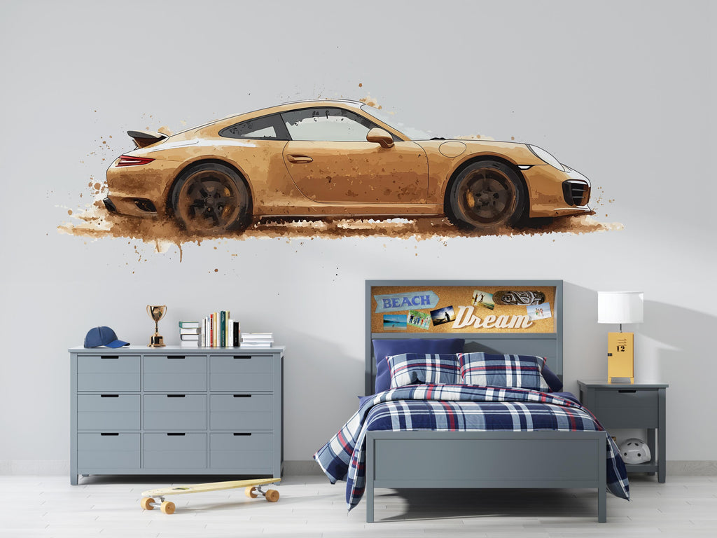 Mud Splash Sports Car Wall Decal | Racing Car Wall Sticker | Boys Room Decor | Car Wall Art | Peel And Stick Vehicle Decal