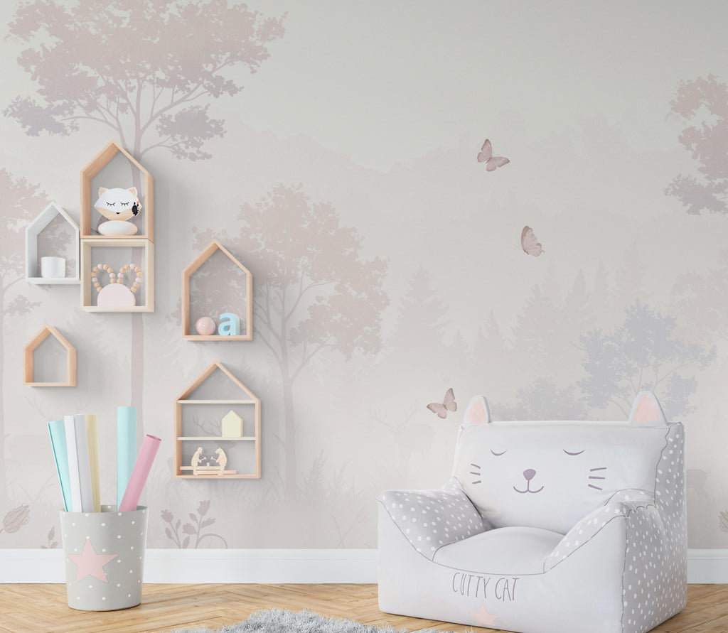 Pastel Butterfly Wallpaper Mural – Forest wallpaper, butterfly wall art, Elegant Watercolor Wall Art for Girls Bedroom Nursery 1024RS