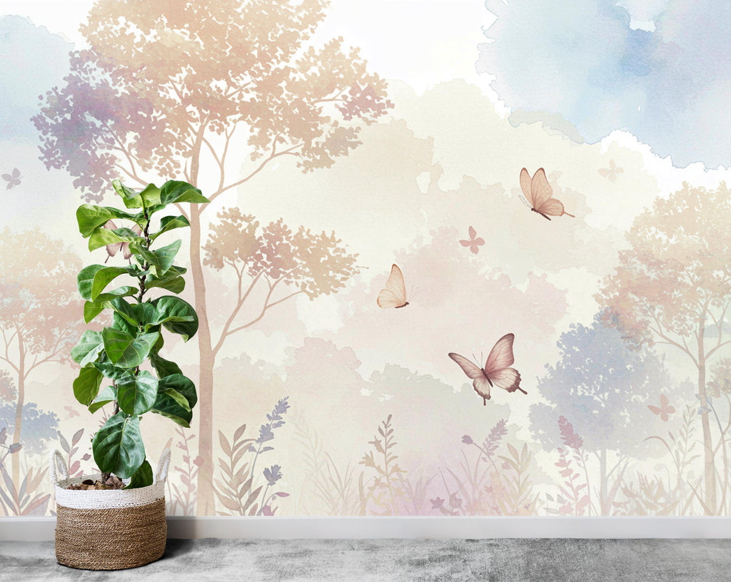 Pastel Butterfly Wallpaper Mural – Forest wallpaper, butterfly wall art, Elegant Watercolor Wall Art for Girls Bedroom Nursery 1025RS