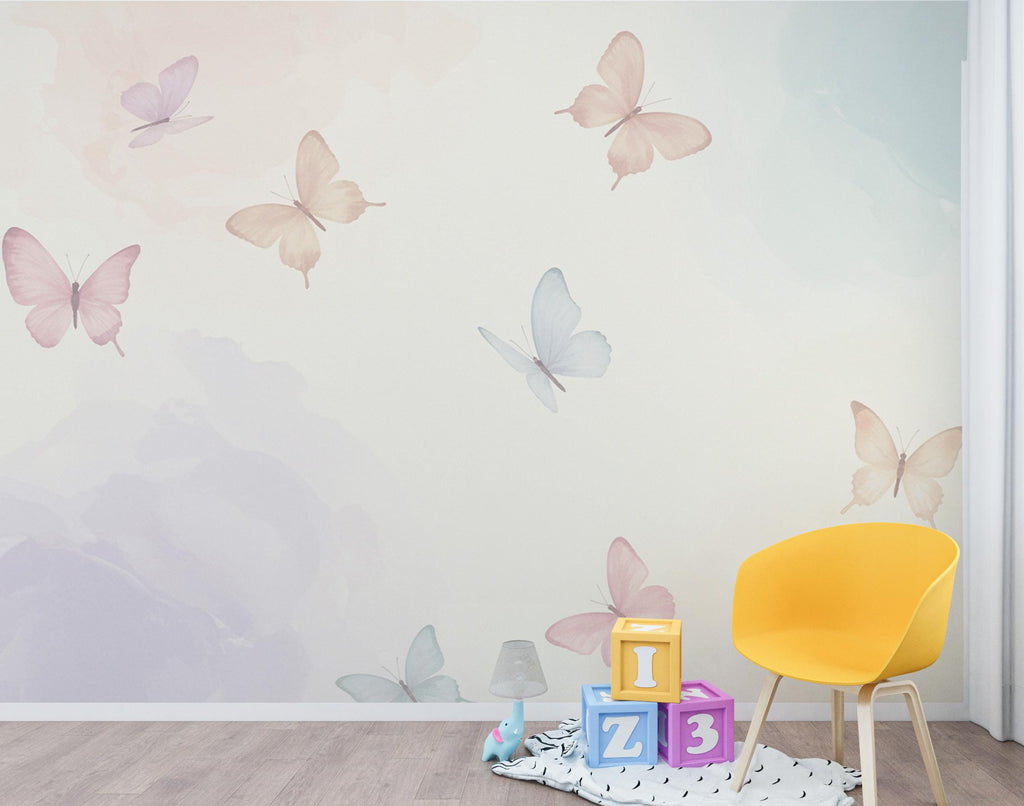 Butterfly Pastel Wallpaper, Hand Painted Butterfly Wall Mural, Neutral Kids Room Wallpaper, Soft Watercolor Baby Room Decor 253DE