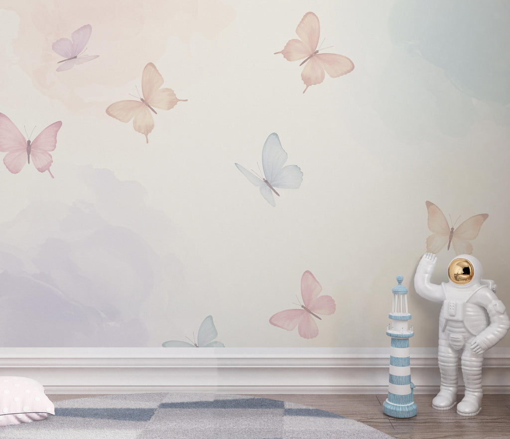 Butterfly Pastel Wallpaper, Hand Painted Butterfly Wall Mural, Neutral Kids Room Wallpaper, Soft Watercolor Baby Room Decor 253DE