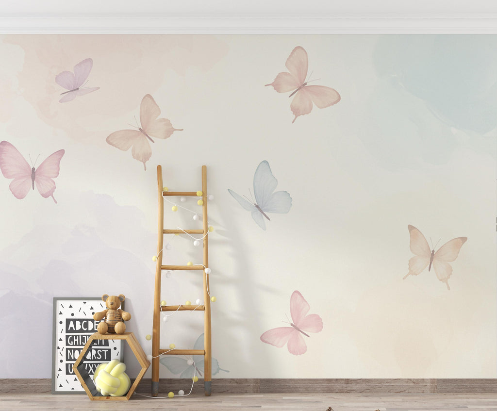 Butterfly Pastel Wallpaper, Hand Painted Butterfly Wall Mural, Neutral Kids Room Wallpaper, Soft Watercolor Baby Room Decor 253DE