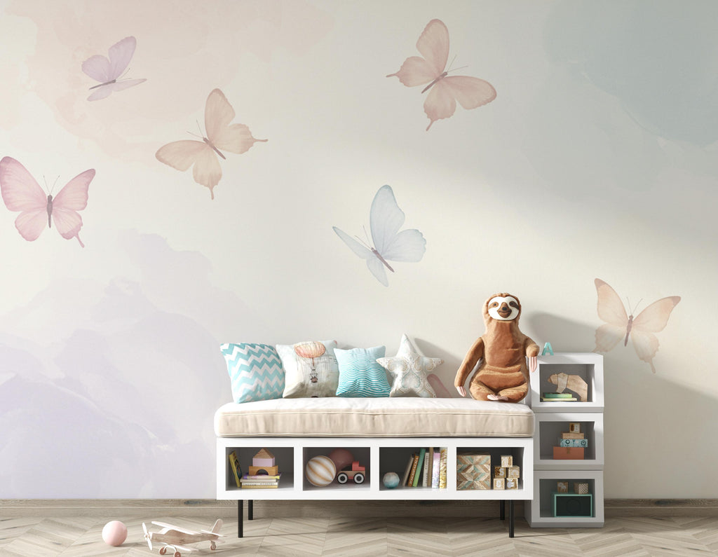 Butterfly Pastel Wallpaper, Hand Painted Butterfly Wall Mural, Neutral Kids Room Wallpaper, Soft Watercolor Baby Room Decor 253DE
