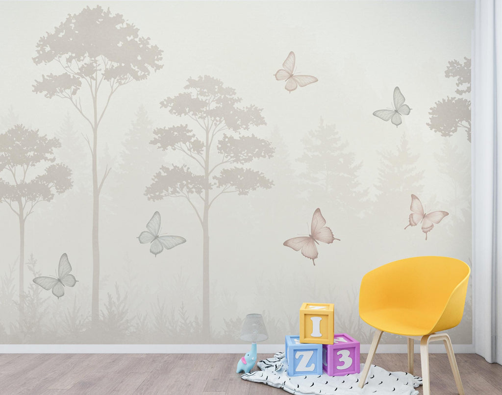 Butterfly Pastel Wallpaper, Forest Hand Painted Butterfly Wall Mural, Neutral Kids Room Wallpaper, Soft Watercolor Baby Room Decor 254DE