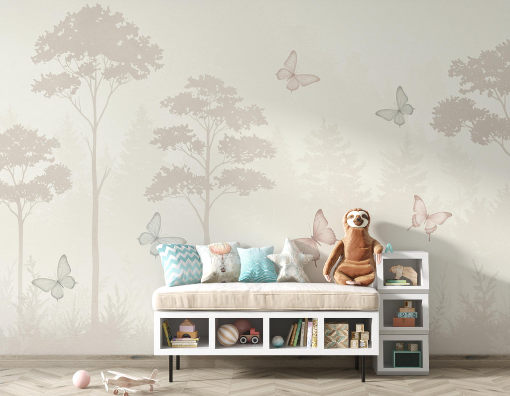 Butterfly Pastel Wallpaper, Forest Hand Painted Butterfly Wall Mural, Neutral Kids Room Wallpaper, Soft Watercolor Baby Room Decor 254DE