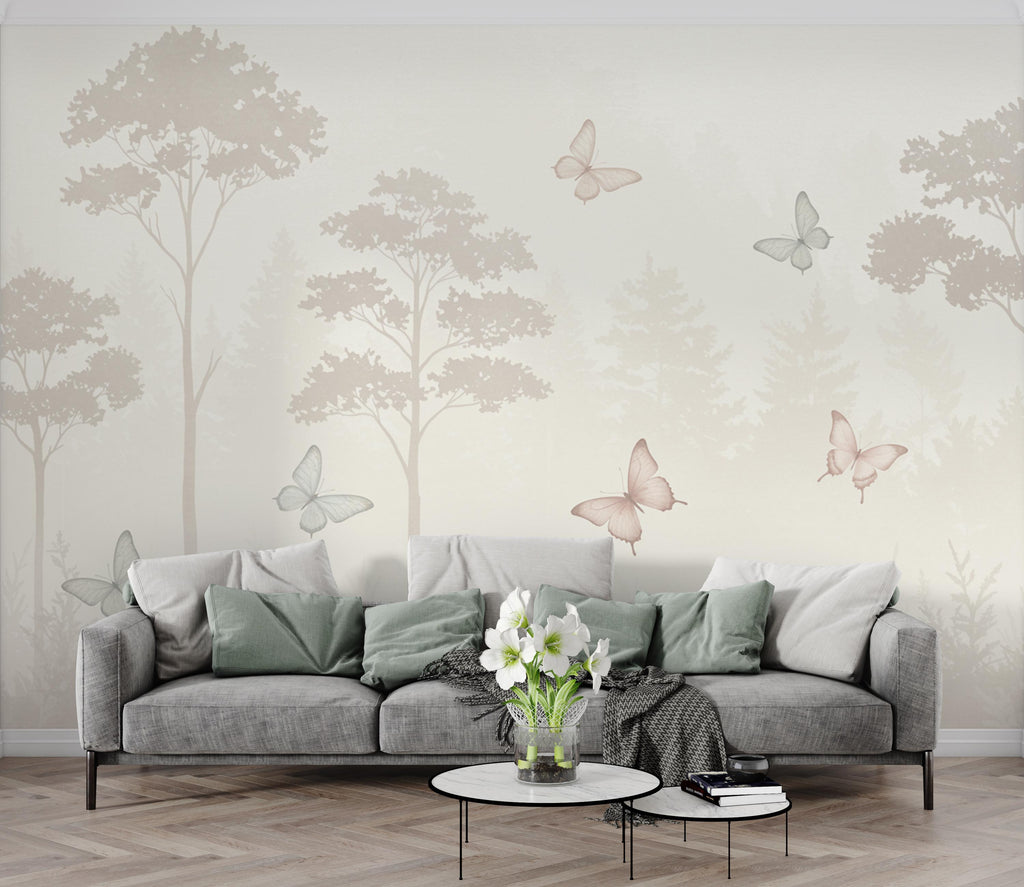 Butterfly Pastel Wallpaper, Forest Hand Painted Butterfly Wall Mural, Neutral Kids Room Wallpaper, Soft Watercolor Baby Room Decor 254DE