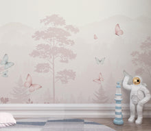 Load image into Gallery viewer, Butterfly Pastel Wallpaper, Forest Hand Painted Butterfly Wall Mural, Neutral Kids Room Wallpaper, Soft Watercolor Baby Room Decor 255DE