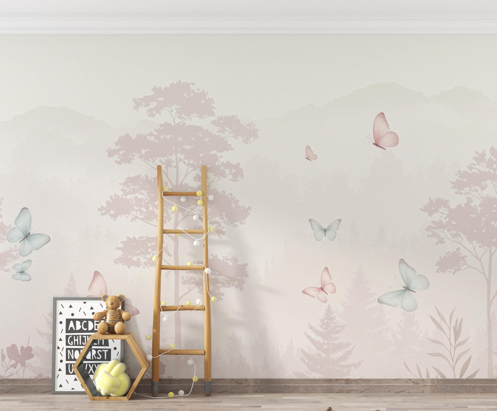 Butterfly Pastel Wallpaper, Forest Hand Painted Butterfly Wall Mural, Neutral Kids Room Wallpaper, Soft Watercolor Baby Room Decor 255DE