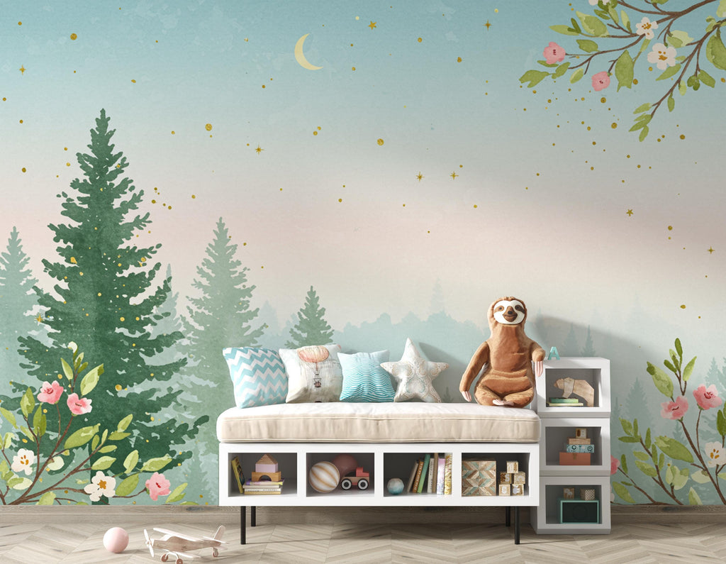 Dreamy Spring Forest Wallpaper Mural – Watercolor Evergreen Trees, Forest wallpaper, Pine Tree Wall Art for Nursery Room 256DE