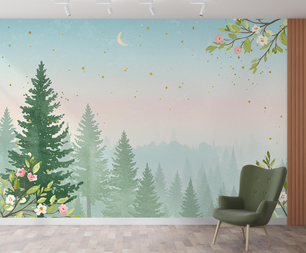 Dreamy Spring Forest Wallpaper Mural – Watercolor Evergreen Trees, Forest wallpaper, Pine Tree Wall Art for Nursery Room 256DE