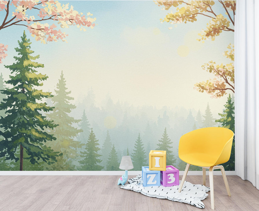 Dreamy Spring Forest Wallpaper Mural – Watercolor Evergreen Trees, Forest wallpaper, Pine Tree Wall Art for Nursery Room 257DE