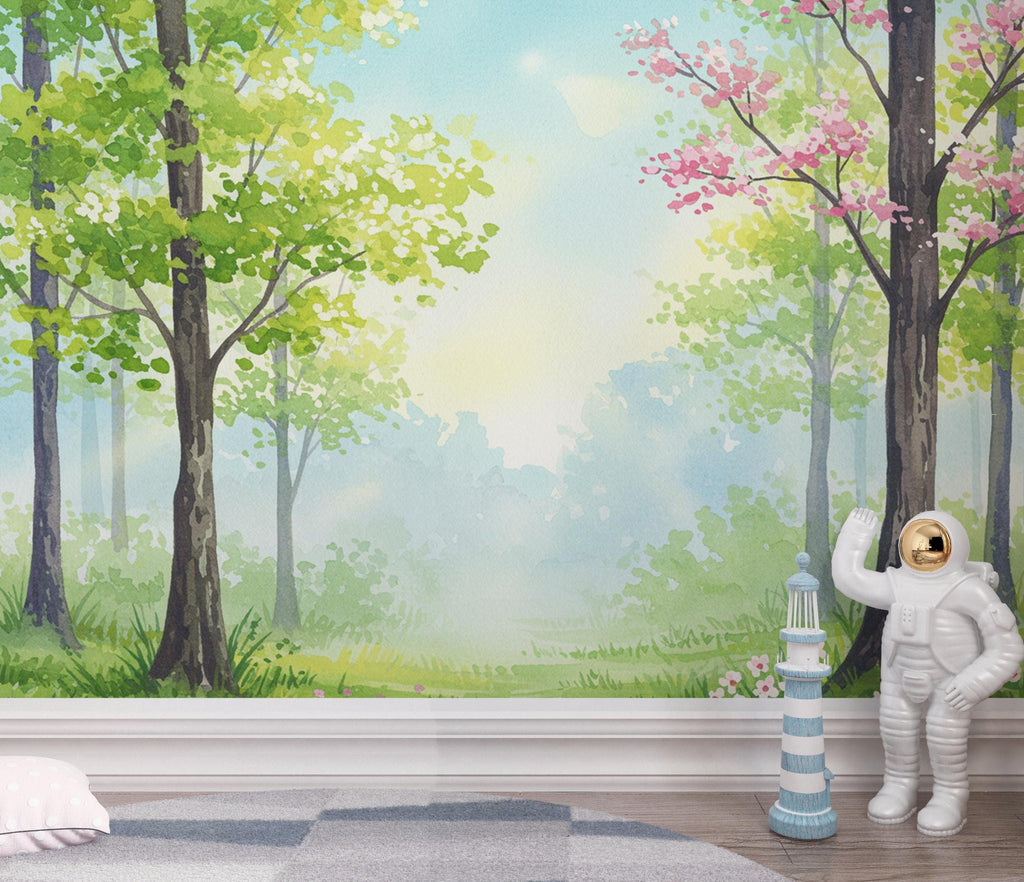 Watercolor Forest Wallpaper Mural – Dreamy Evergreen Trees Nursery Decor 258DE