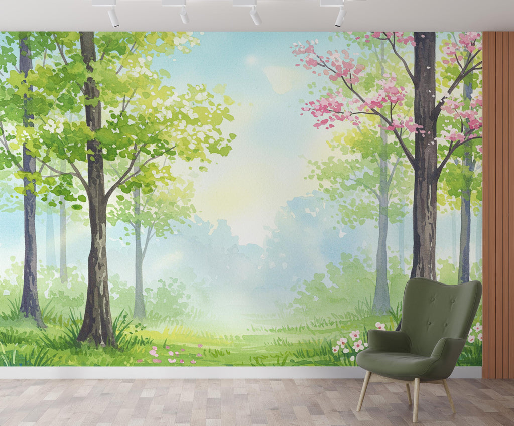 Watercolor Forest Wallpaper Mural – Dreamy Evergreen Trees Nursery Decor 258DE