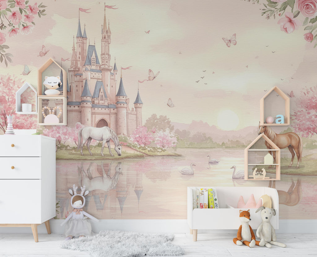 Princess Castle Wall Graphics Peel and Stick Girl room Wallpaper Horses butterflies Nursery Self Adhesive nursery wall decor Mural