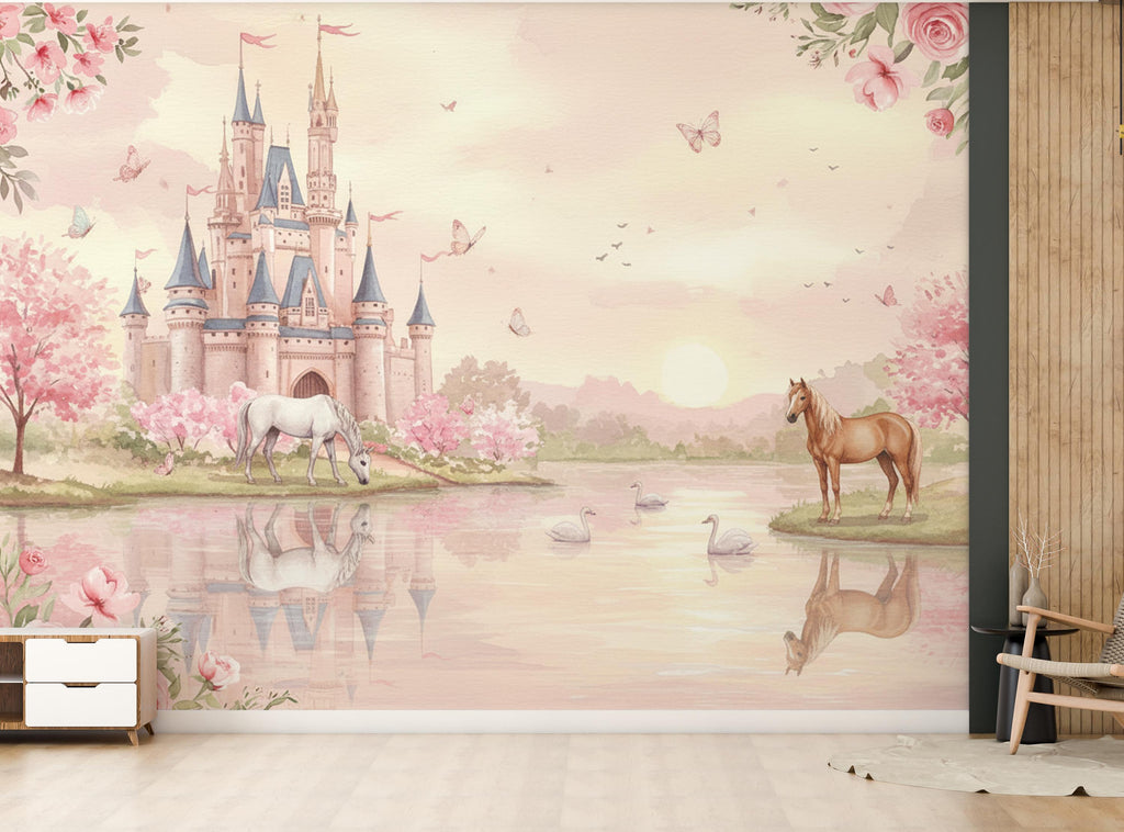 Princess Castle Wall Graphics Peel and Stick Girl room Wallpaper Horses butterflies Nursery Self Adhesive nursery wall decor Mural