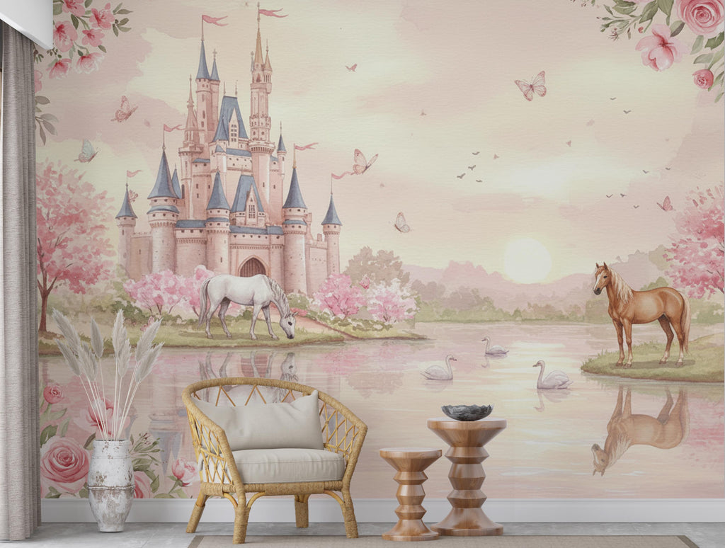 Princess Castle Wall Graphics Peel and Stick Girl room Wallpaper Horses butterflies Nursery Self Adhesive nursery wall decor Mural