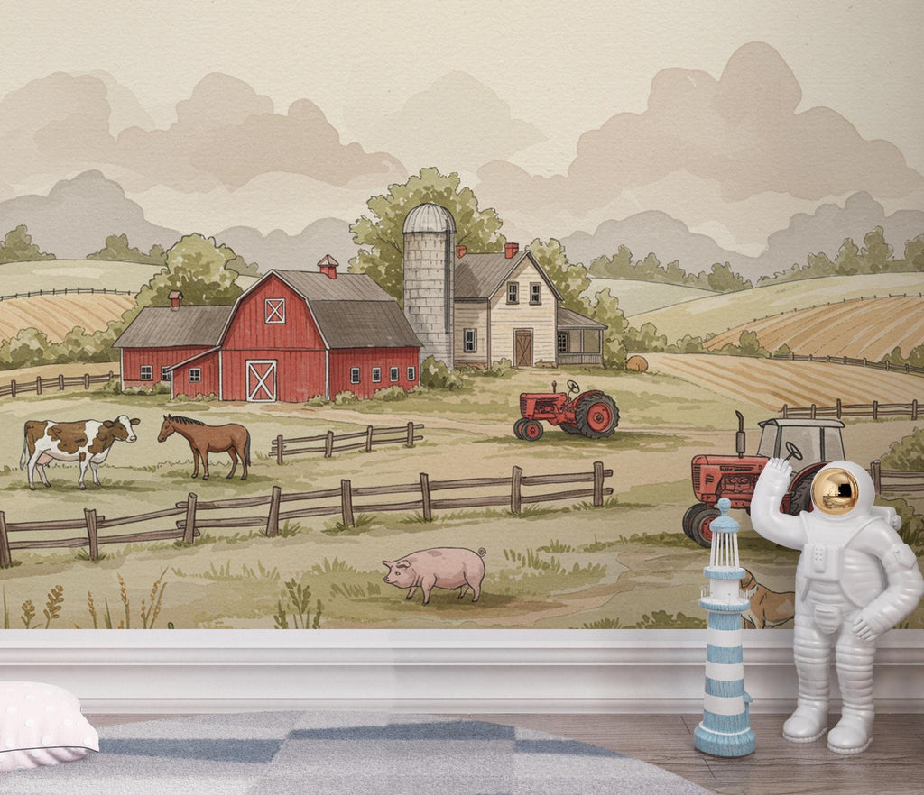 Farm Wallpaper Mural – Watercolor Farmhouse Scene with Tractor, Cow, Horse & Dog – Elegant Countryside Wall Art