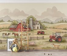 Load image into Gallery viewer, Farm Wallpaper Mural – Watercolor Farmhouse Scene with Tractor, Cow, Horse &amp; Dog – Elegant Countryside Wall Art