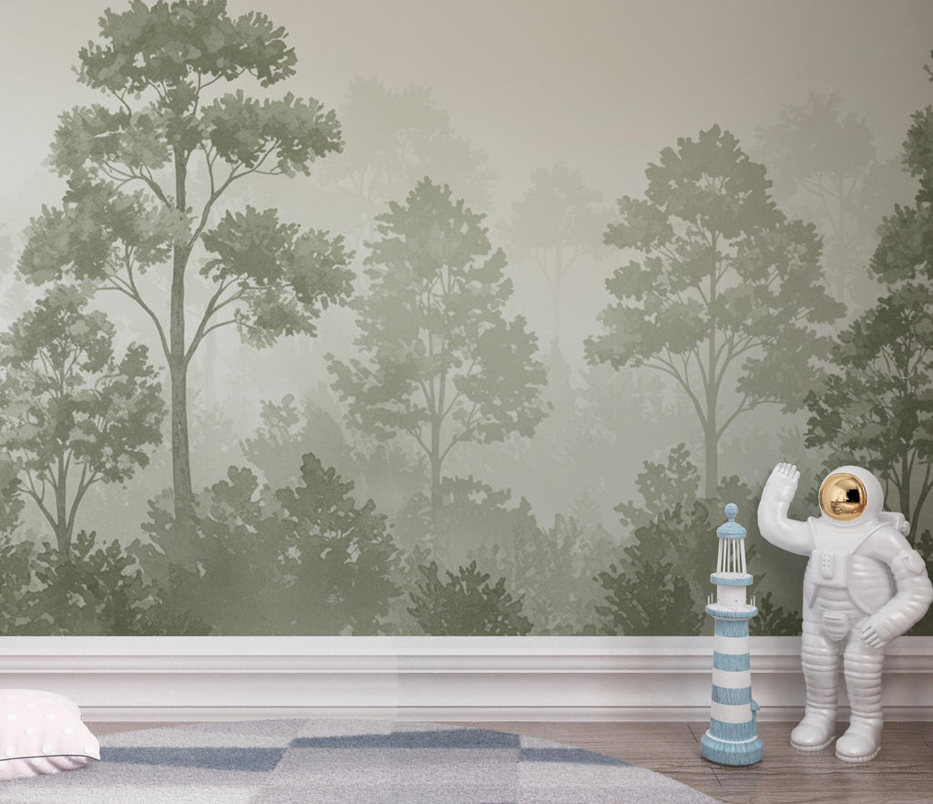 Forest Wallpaper – Watercolor Woodland Nursery Wall Mural, Whimsical Tree Pattern, Neutral Baby Room Decor