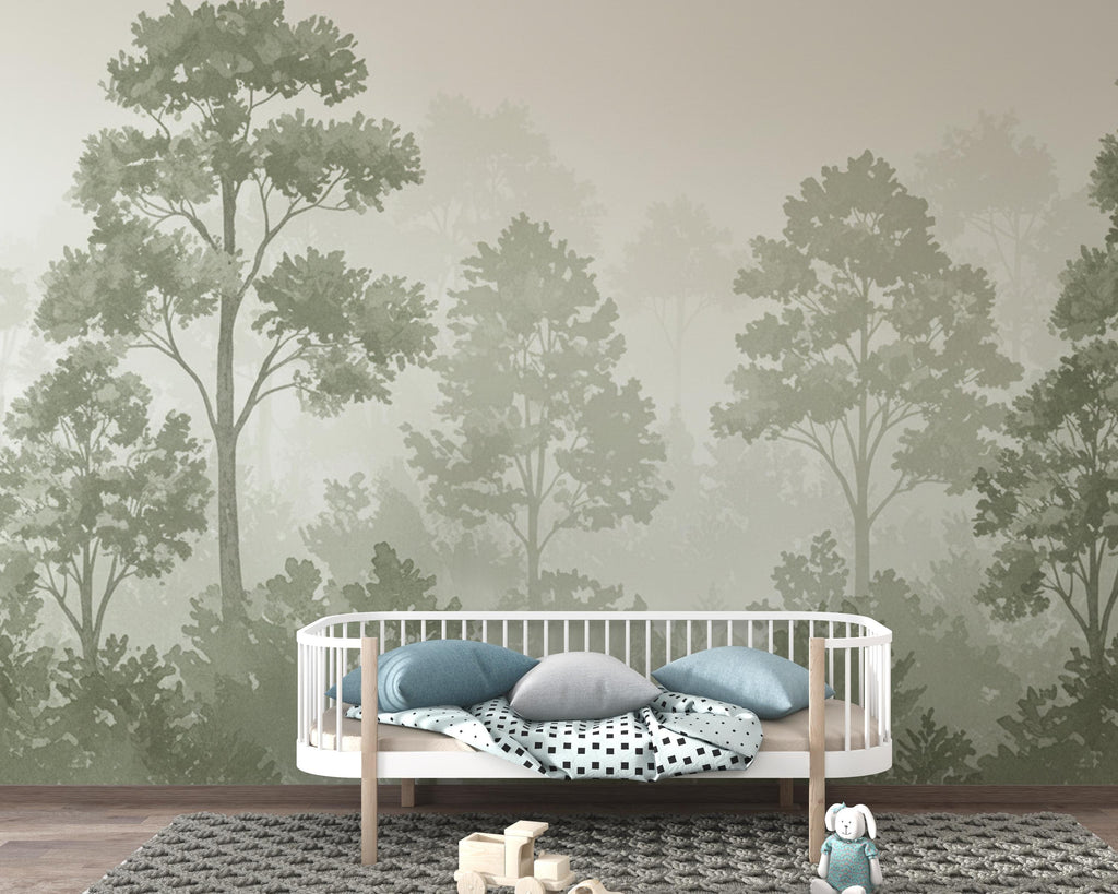Forest Wallpaper – Watercolor Woodland Nursery Wall Mural, Whimsical Tree Pattern, Neutral Baby Room Decor