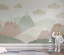 Load image into Gallery viewer, Whimsical Mountain Nursery Wallpaper – Pastel Watercolor Hills &amp; Clouds, Gender Neutral Baby Room Wall Decor