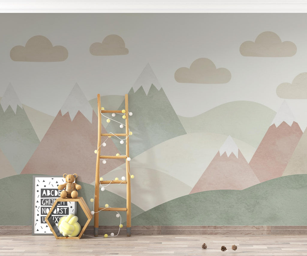 Whimsical Mountain Nursery Wallpaper – Pastel Watercolor Hills & Clouds, Gender Neutral Baby Room Wall Decor