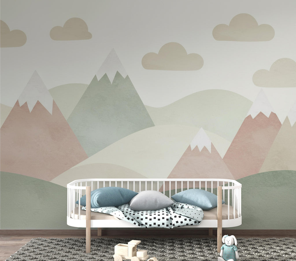 Whimsical Mountain Nursery Wallpaper – Pastel Watercolor Hills & Clouds, Gender Neutral Baby Room Wall Decor