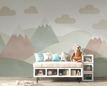 Load image into Gallery viewer, Whimsical Mountain Nursery Wallpaper – Pastel Watercolor Hills &amp; Clouds, Gender Neutral Baby Room Wall Decor