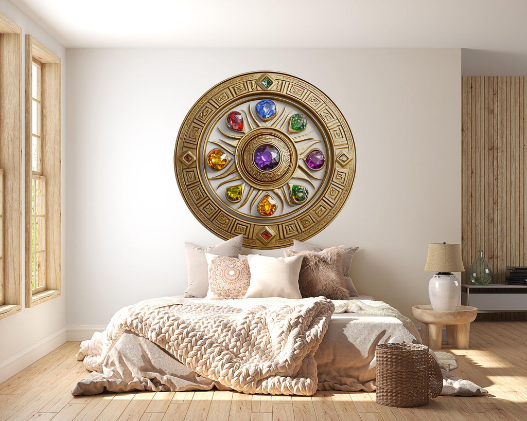 Celestial Mandala Wall Decal Zodiac Crystal Wheel Wall Art Mystical Gold Wall Sticker Sacred Geometry Home Decor