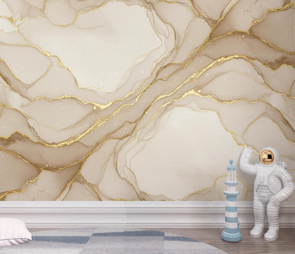 Luxury Gold Marble Wallpaper – Elegant Cream & Beige Watercolor Pattern, Modern Neutral Wall Decor