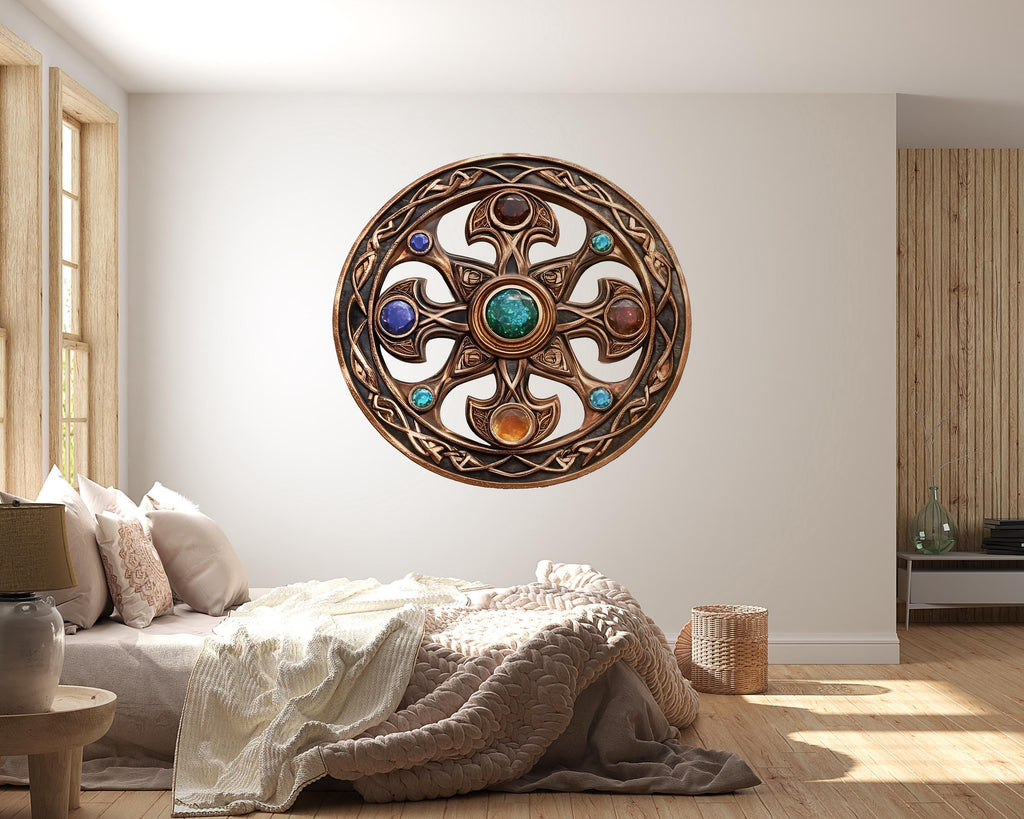 Celtic Gemstone Cross Wall Decal Sacred Geometry Wall Art Mystic Medallion Round Wall Sticker Spiritual Decor