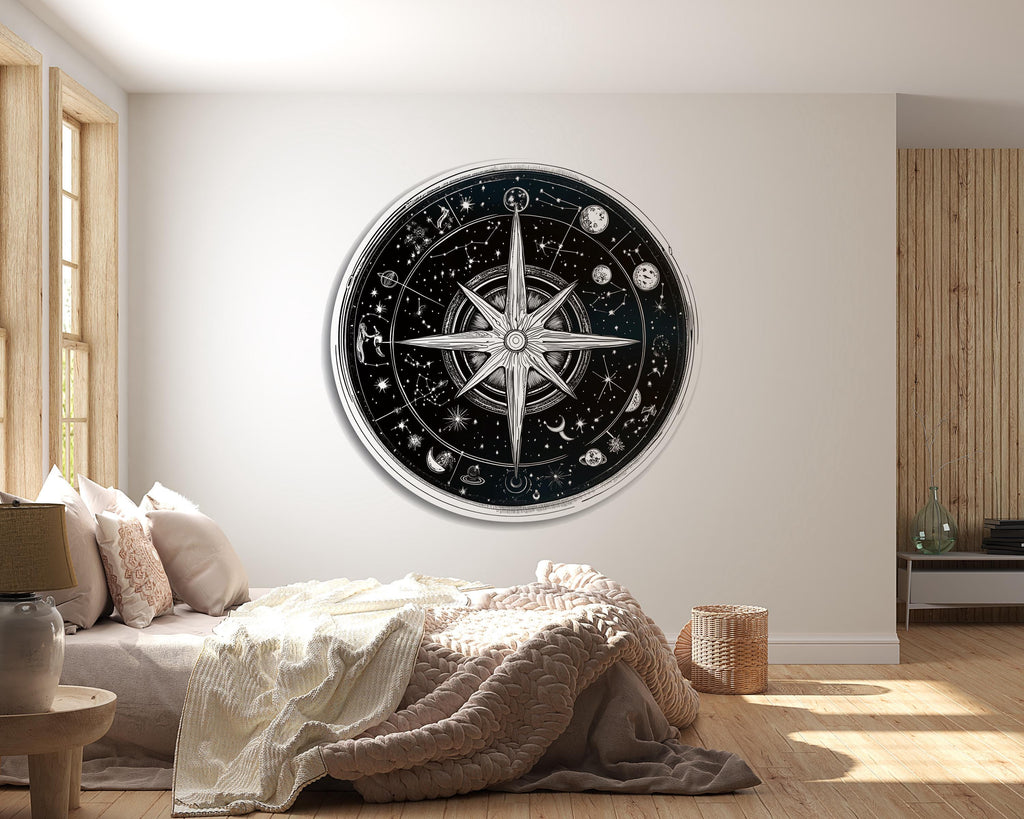 Celestial Compass Wall Decal Astrology Wall Art Zodiac Star Map Round Wall Sticker Night Sky Spiritual Decor