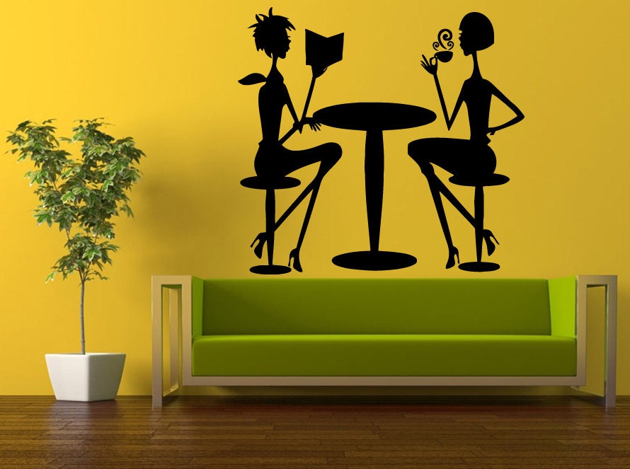 Wall Decal Vinyl Sticker Decals Interior Decor DIY Free Shipping Two Women Reading Drinking Coffee Cafe Shop Kitchen Elegant Social L522
