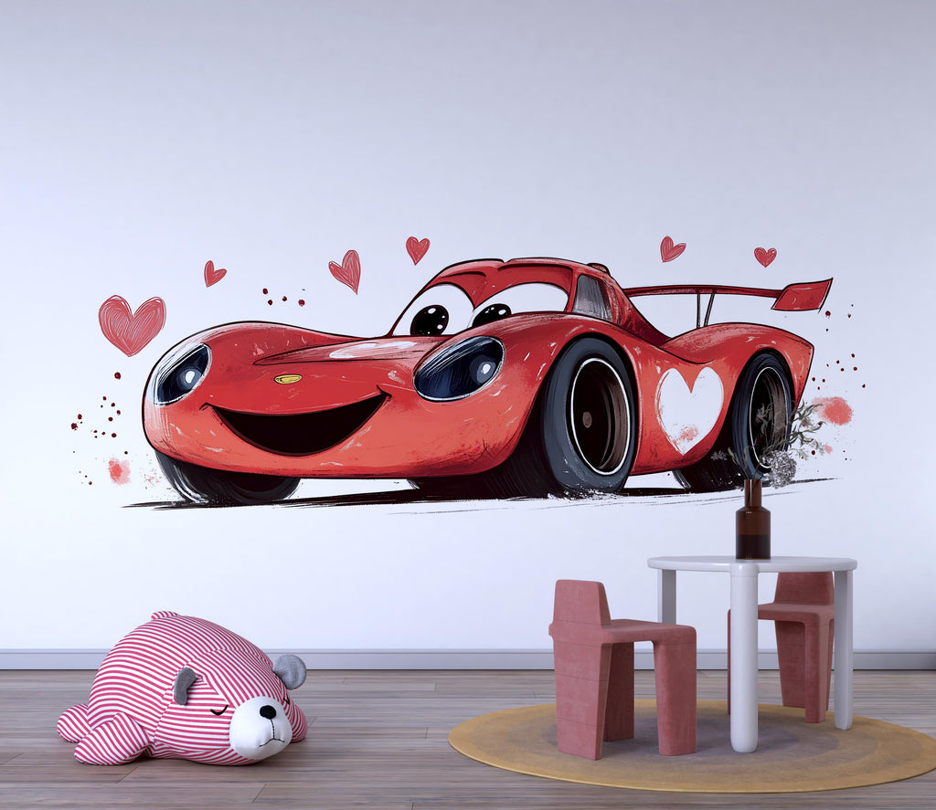 Cute Heart Race Car Wall Decal | Nursery Car Wall Sticker | Baby Room Decor | Cartoon Racing Car Peel And Stick Wall Art