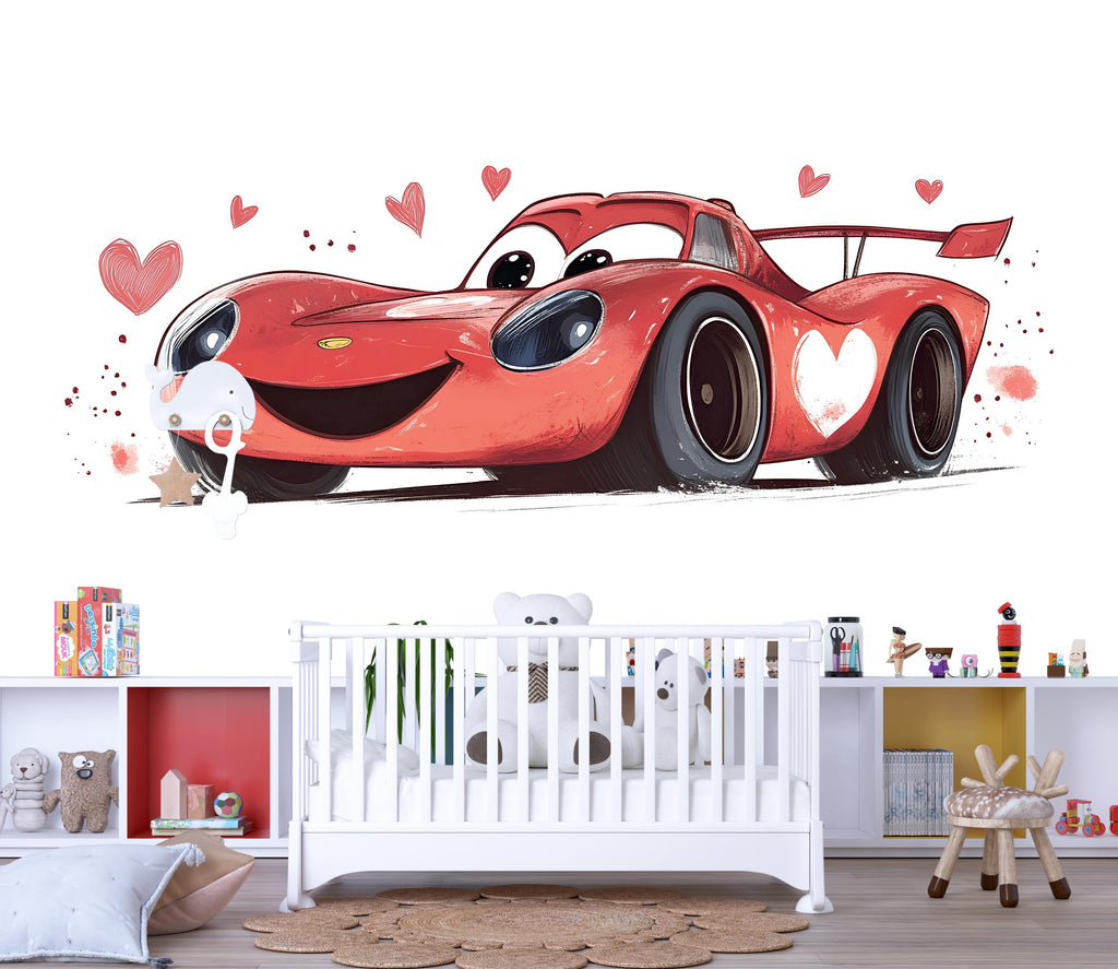 Cute Heart Race Car Wall Decal | Nursery Car Wall Sticker | Baby Room Decor | Cartoon Racing Car Peel And Stick Wall Art