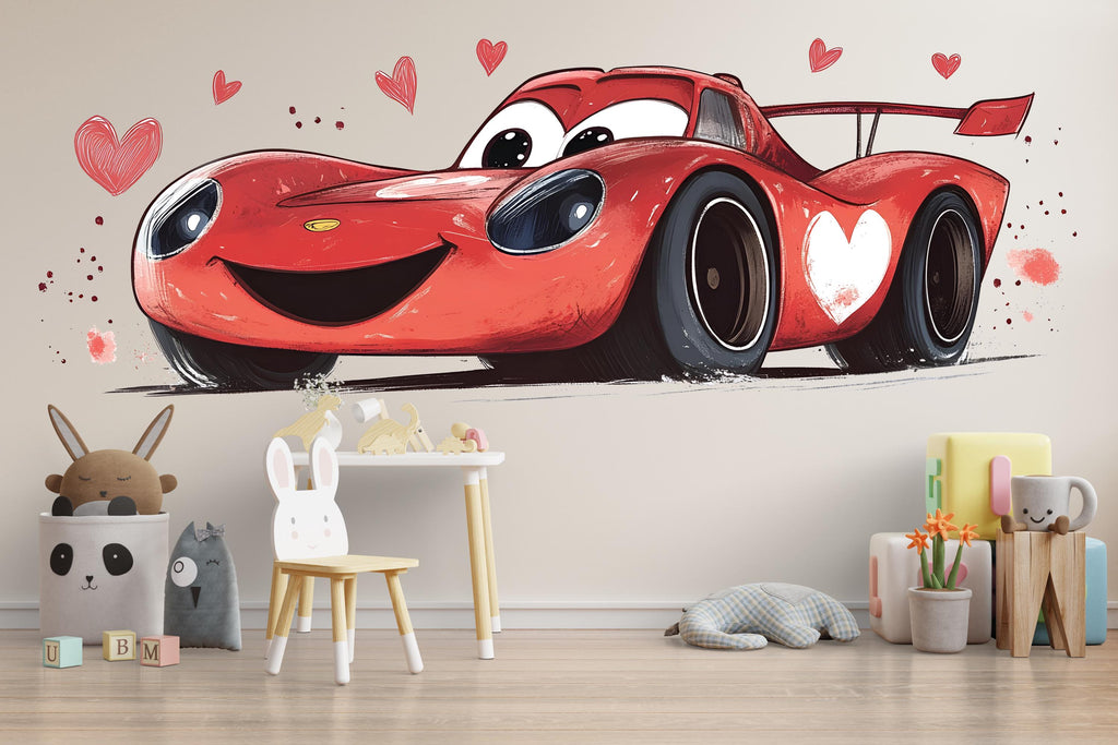 Cute Heart Race Car Wall Decal | Nursery Car Wall Sticker | Baby Room Decor | Cartoon Racing Car Peel And Stick Wall Art