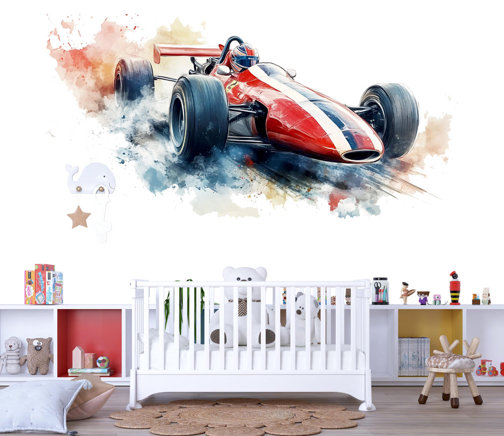 Watercolor Formula Race Car Wall Decal | Racing Car Wall Sticker | Kids Room Wall Art | Modern Car Nursery Decor | Peel And Stick